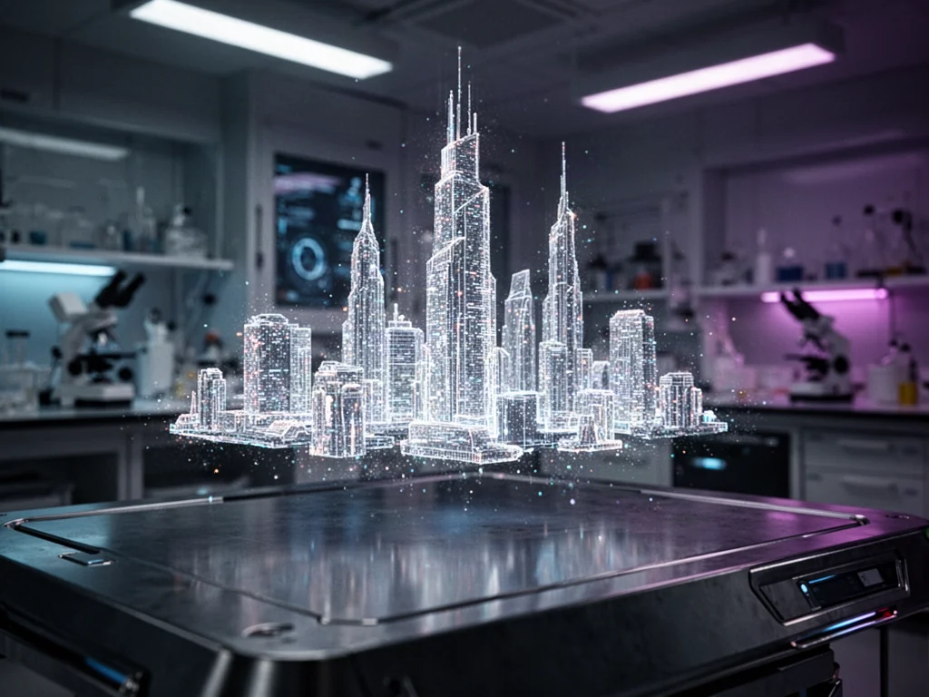 Świetlisty hologram futurystycznego miasta unoszący się nad metalową powierzchnią w nowoczesnym laboratorium.