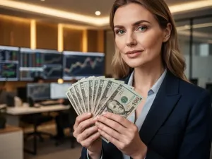Zbliżenie na zabytkowy banknot trzymany w dłoni, w otoczeniu przedmiotów nawiązujących do historii finansów.