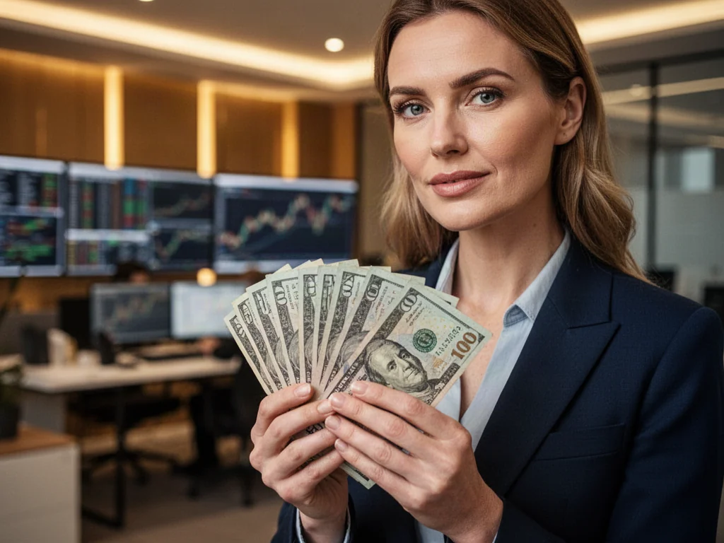 Elegancka kobieta trzymająca w dłoniach plik nowych banknotów w profesjonalnym biurze.