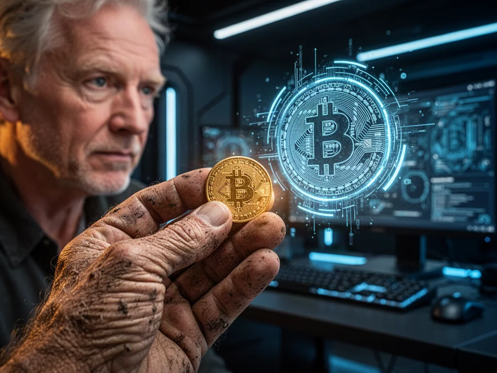 Dłoń trzymająca starożytną złotą monetę na tle nowoczesnego hologramu kryptowaluty, symbolizująca ewolucję pieniądza.