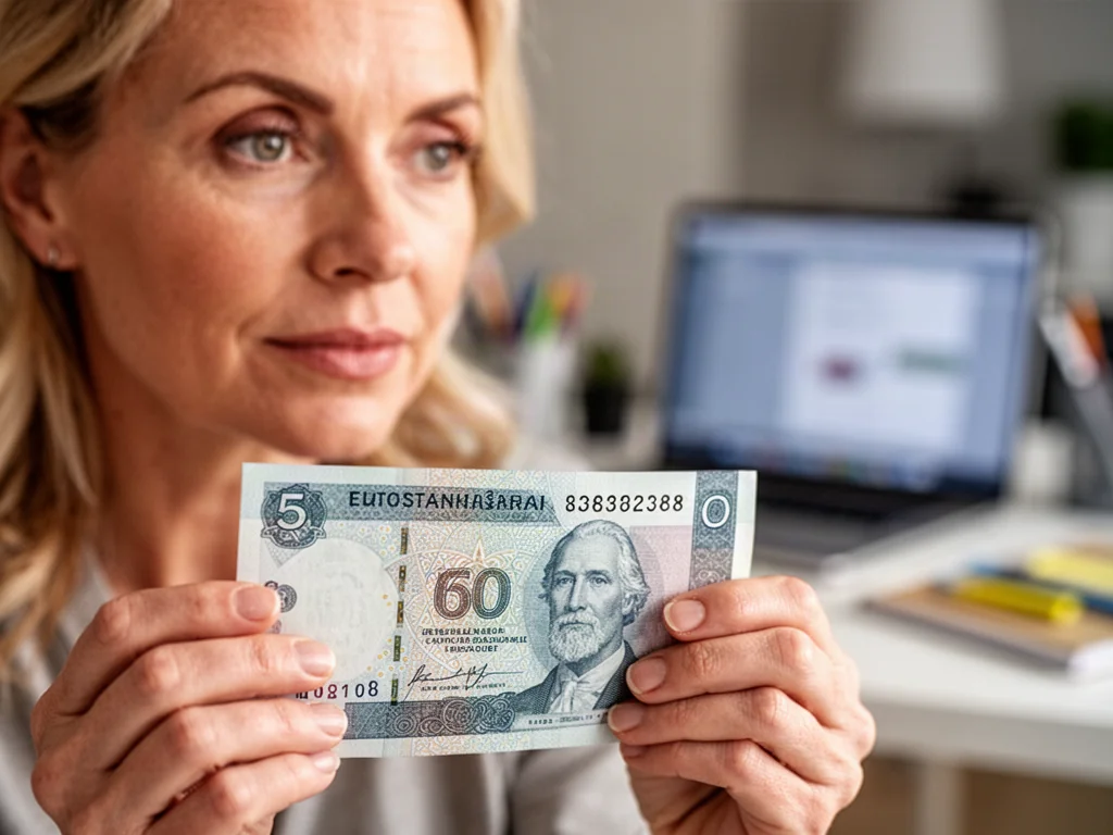 Dłoń trzymająca nowoczesny banknot z wyraźnie widocznym numerem seryjnym na tle domowego biura.