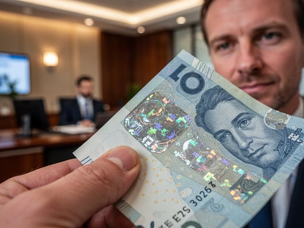 Zbliżenie na nowoczesny banknot polimerowy z przezroczystym hologramem, trzymany w dłoni w profesjonalnym biurze.
