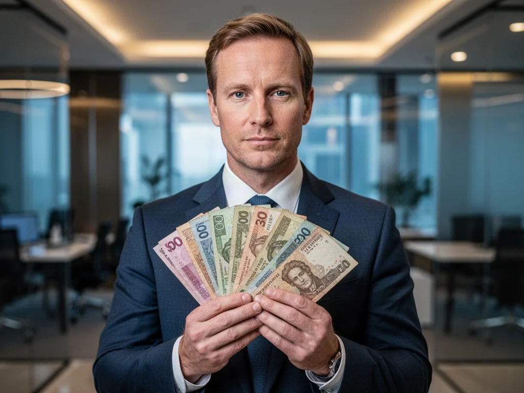 Mężczyzna w garniturze trzymający plik międzynarodowych banknotów w nowoczesnym biurze.