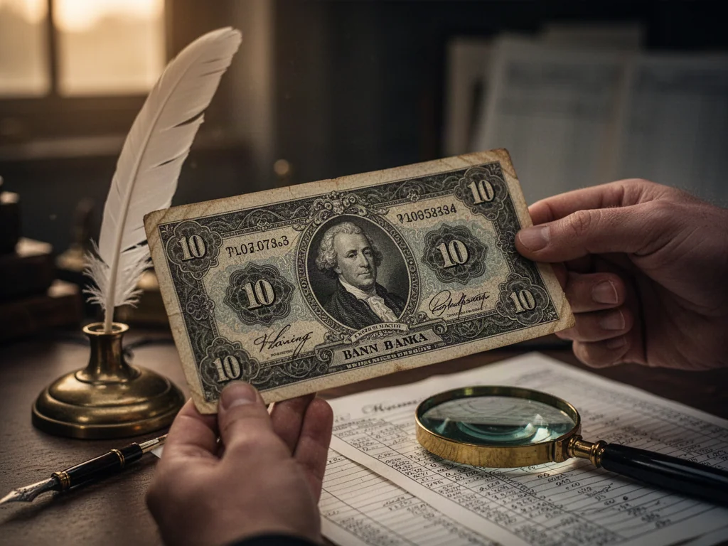 Zbliżenie na zabytkowy banknot trzymany w dłoni, w otoczeniu przedmiotów nawiązujących do historii finansów.