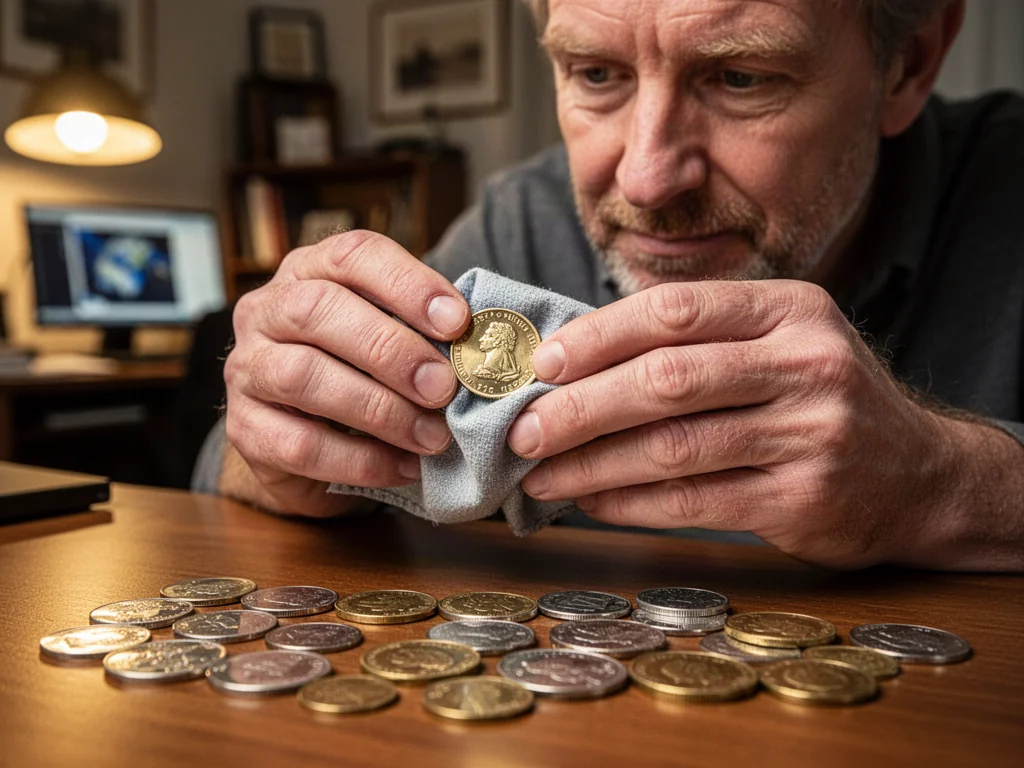 Mężczyzna czyści starą monetę miękką ściereczką przy biurku z kolekcją bilonu. Profesjonalne ujęcie dbałości o numizmaty.